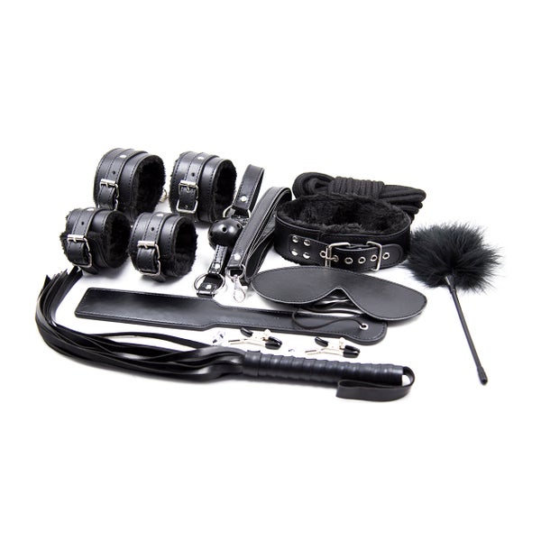Classic Beginner's 10pcs Kit (fur cuffs, Nipple Clamps,ball gag,whip,collar,eye mask,paddle,feather,10 M rope) 1 St