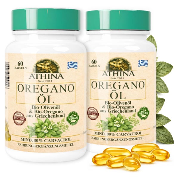 Athina® Oregano Öl Vegan Bio 2 x 60 Kapseln I 100 mg Athina® Wildes Berg Oregano Öl I Origanum vulgare hirtum aus Griechenland I 80% Carvacrol I Reine & natürliche Zutaten 60 St