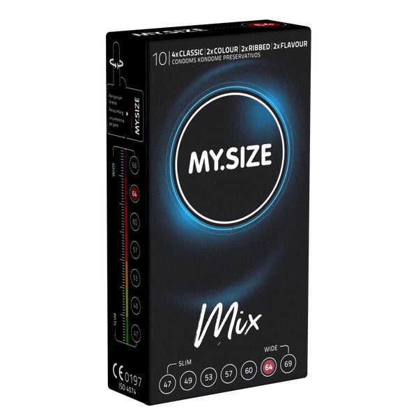 «64mm MIX» Kondome: 10er Pack, glatt, gerippt, aromatisiert (10 Kondome) 10 St