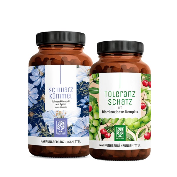 HIT DUO Paket: DAO Diaminoxidase, Quercetin, Katalase + Vitamin C & Schwarzkümmelöl + Vitamin E in einem veganen Bundle - SCHWARZKÜMMEL & TOLERANZSCHATZ - NATURTREU®  g