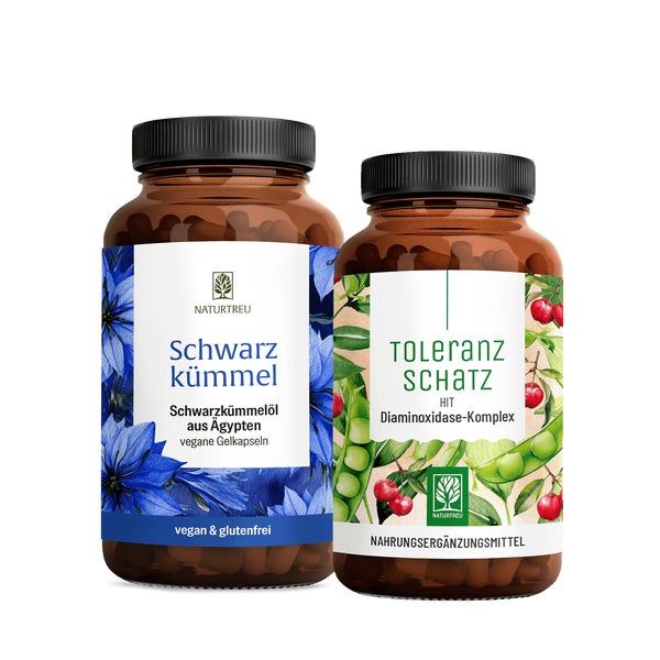 HIT DUO Paket: DAO Diaminoxidase, Quercetin, Katalase + Vitamin C & Schwarzkümmelöl + Vitamin E in einem veganen Bundle - SCHWARZKÜMMEL & TOLERANZSCHATZ - NATURTREU® 121.6 g