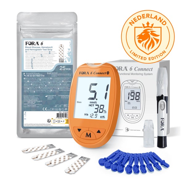 FORA 6 Connect Blutzucker-, Hämatokrit- und Hämoglobin-Messgerät – Sonderausgabe (Orange) – mg/dl + 50 Teststreifen 1 St