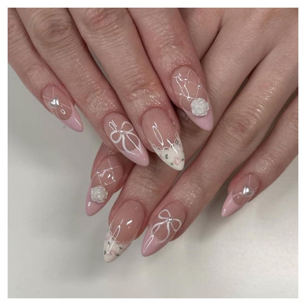 Künstliche Fingernägel Kurz Almond Nude French 3D Schleife F 1 St