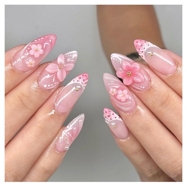 Künstliche Nägel Kurz Mandel Ombre Rosa French 3D Blumen AKD 1 St