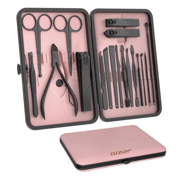 ZIZZON 18-in-1 Maniküre-Pediküre-Set mit Leder-Reiseetui (Schwarz/Rosa)