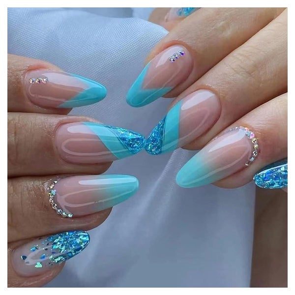 24 Stück Mandel Nägel French Hellblau Künstliche Nägel Gloss 1 St