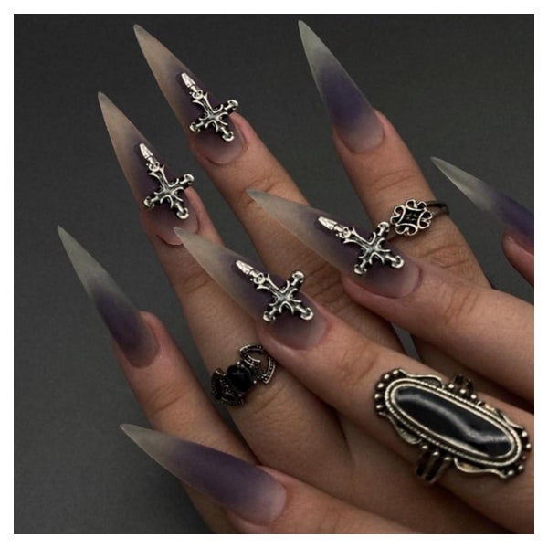 Künstliche Fingernägel Stiletto Schwarz Ombre Chrome Cross A 1 St
