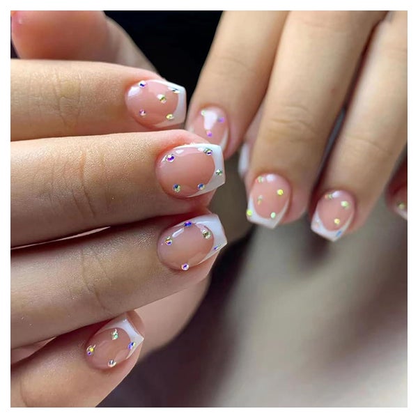 24 Stück Milchweiß Kunstnägel Strass Pattern Press on Nails 1 St