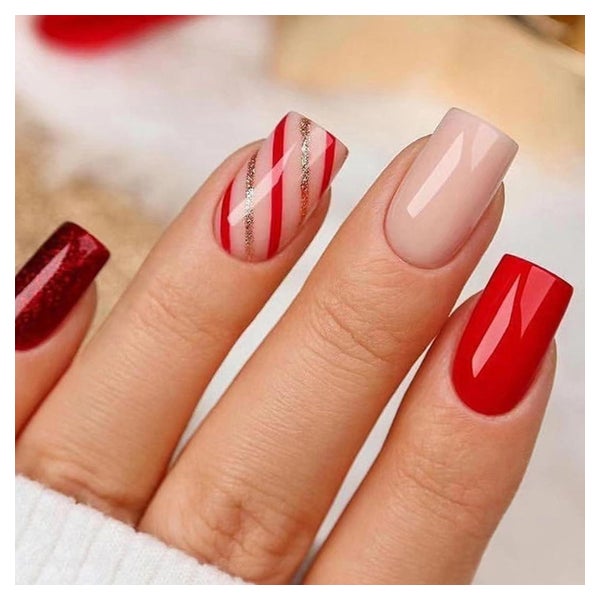 Kunstnägel 24 Stück kurze eckig French Tip Presson Acryl Rot 1 St