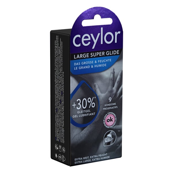 «Large Super Glide» extraweite Kondome mit mehr Gleitcreme (9 Kondome) 9 St