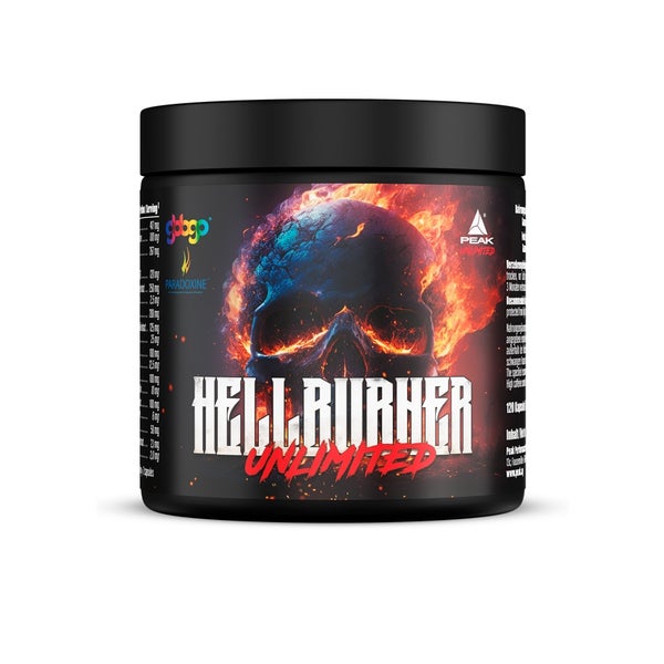 PEAK Hellburner Unlimited - 120 Kapseln I 60 Portionen I Diätunterstützer mit Stimulanzien I Koffein I Theobromin I Grains of Paradise (Paradoxine) I GBBGO I Grüntee I Fucoxanthin I vegan 114 g