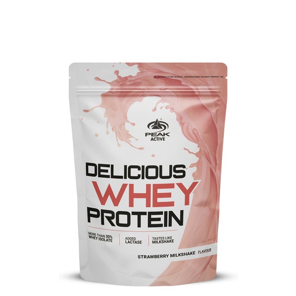 PEAK Delicious Whey Protein - 900g - Geschmack Strawberry Milkshake I 30 Portionen I Pulver I Proteinquelle: Molkenprotein Konzentrat + Isolat I ohne Zuckerzusatz I mit Verdauungsenzym Laktase