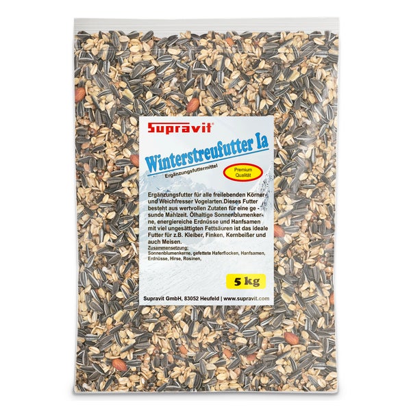 Supravit Winterfutter | Streufutter für Wildvögel mit Sonnenblumenkerne, Erdnüsse, Hanfsamen, Rosinen & mehr | energiereiches Wildvogelfutter im Winter 1 kg