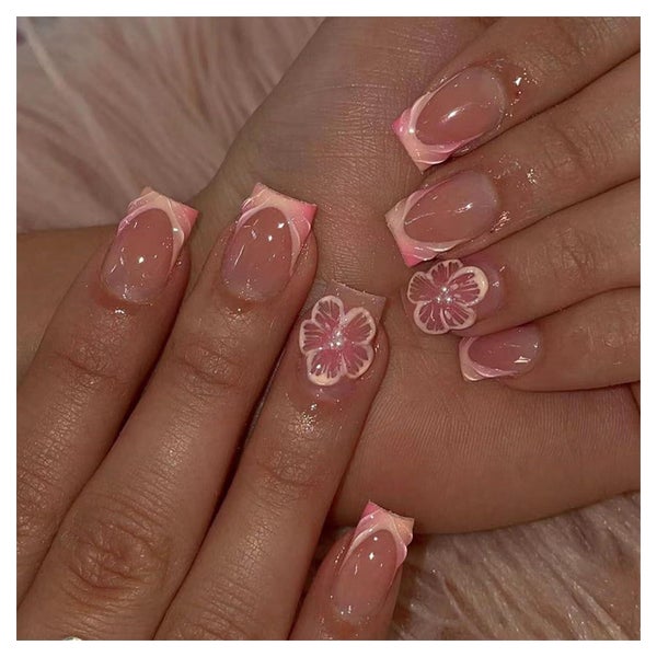 Fake Nägel 24 Stück französische Relief Blumen Perlen Design 1 St