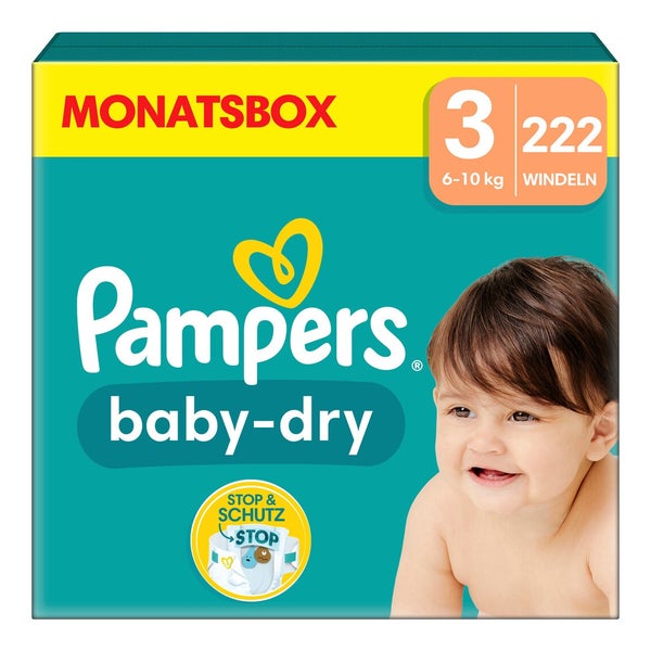 Pampers Baby-Dry Größe 3, 222 Windeln, 6kg - 10kg Monatsbox 1 St