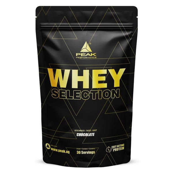 PEAK Whey Selection - 900g - Geschmack Chocolate I 30 Portionen I für Muskelaufbau I Proteinquelle: Whey Konzentrat, Isolat, Hydrolysat + freies L-Leucin I mit Laktase