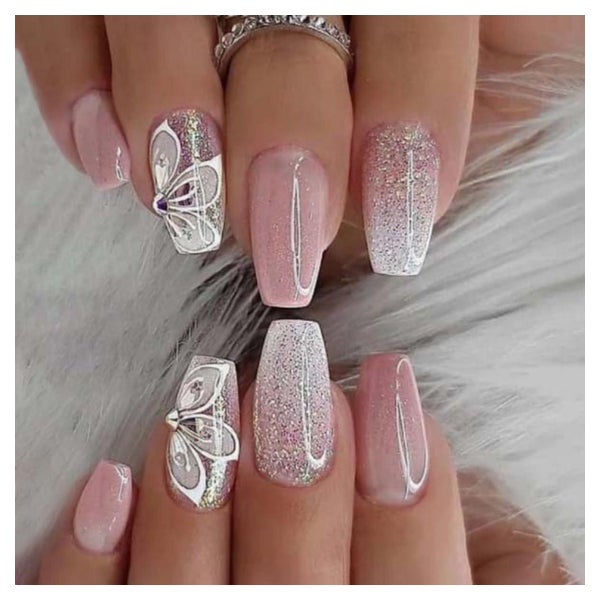 Künstliche Nägel Coffin PressOn Pink Weiß Butterfly 11pink&a 1 St