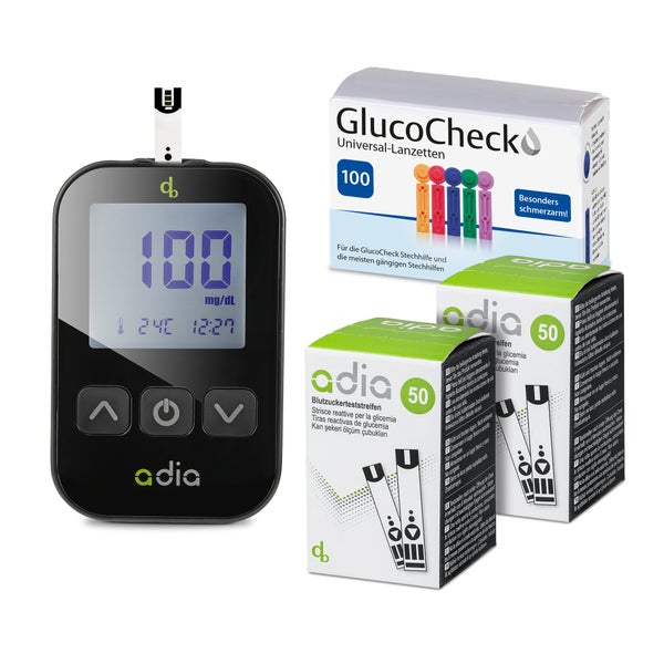 adia Blutzuckermessgerät (mg/dl) Set + 110 Blutzuckerteststreifen + 110 Lanzetten 1 St
