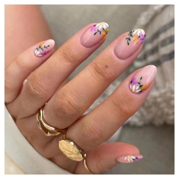 Kunstnägel 24 Stück Lila Weiß Blumen Mandel Kurz purple&amp; 1 St