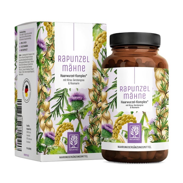 Haarwurzel Komplex aus Hirse, Gerstengras & Rosmarin vereint mit Aminosäuren, Biotin, Selen, Molybdän, Vitamin B6 & B5  - RAPUNZELMÄHNE - 120 vegane Kapseln - NATURTREU® 120 St