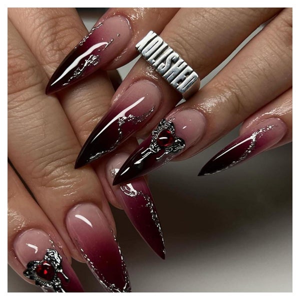 Künstliche Fingernägel Stiletto Schwarz Rot Ombre 3D Herz AG 1 St
