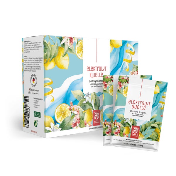 Elektrolyt Komplex mit L-Glutamin, Taurin, Vitamin B2, B6 und C & Zink - ELEKTROLYTQUELLE - 15 g Getränkepulver in 15 veganen Sticks - NATURTREU® 225 g