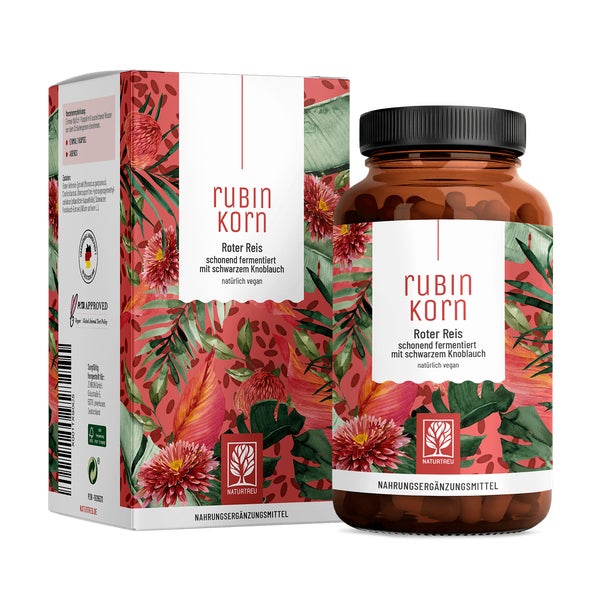 Roter Reis schonend fermentiert mit schwarzem Knoblauch und Cholin - RUBINKORN - 120 vegane Kapseln - NATURTREU® 120 St