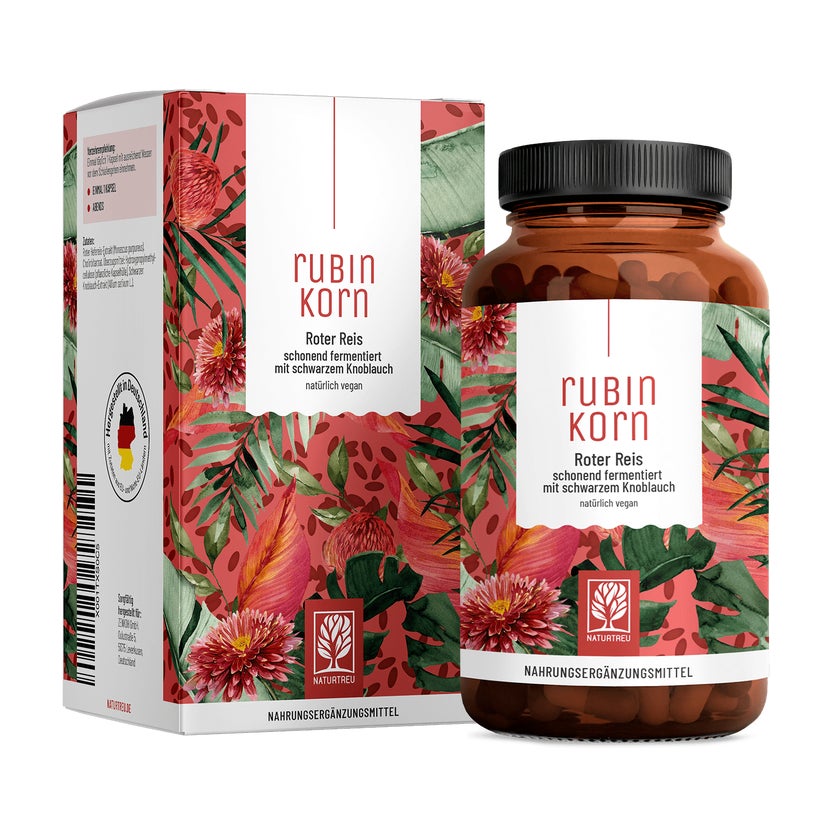 Roter Reis schonend fermentiert mit schwarzem Knoblauch und Cholin - RUBINKORN - 120 vegane Kapseln - NATURTREU® 120 St