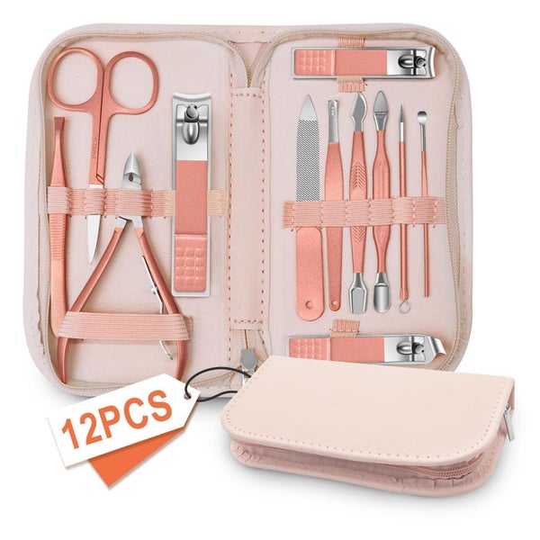 BLESWIN 12-teiliges Maniküre & Pediküre Set Roségold mit Lederetui