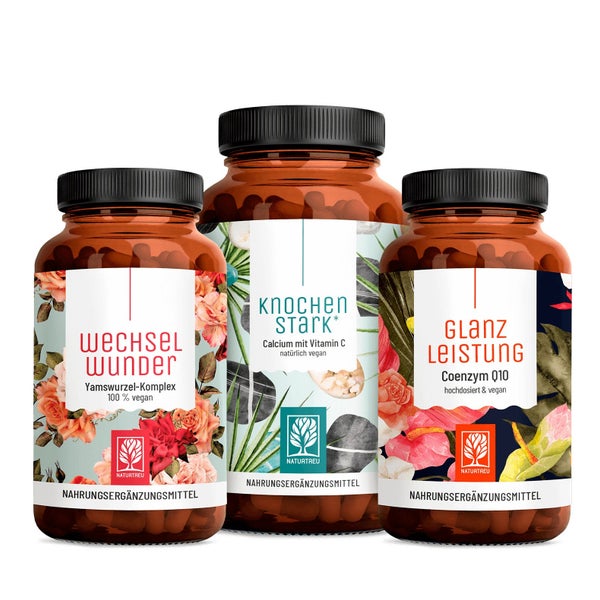 Wechselwohl Paket:Yamswurzel + Baldrian, Calcium + Vitamin C & Coenzym Q10 in einem veganen Bundle - WECHSELWUNDER, KNOCHENSTARK & GLANZLEISTUNG - NATURTREU® 193.15 g