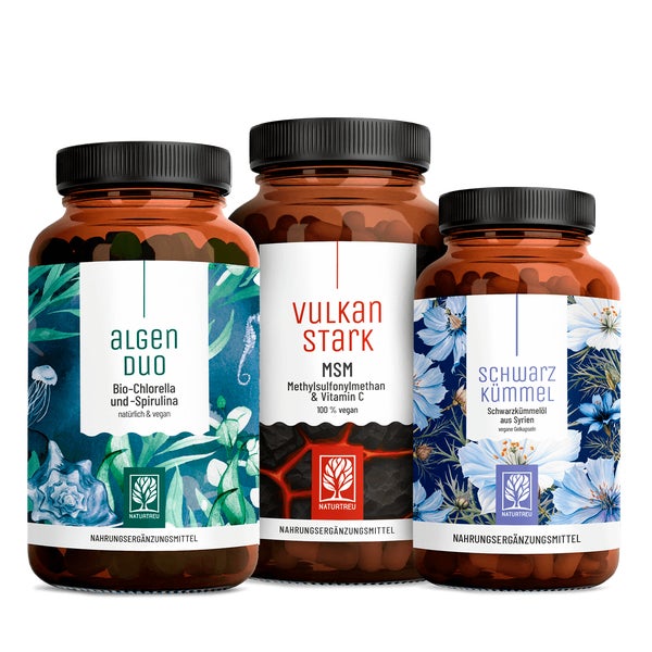 Reingefühl-Paket: Bio-Chlorella & -Spirulina, MSM & Schwarzkümmelöl in einem veganen Bundle - ALGENDUO, VULKANSTARK & SCHWARZKÜMMEL - NATURTREU®  g