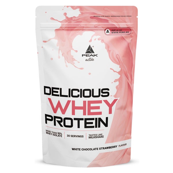 PEAK Delicious Whey Protein - 900g - Geschmack White Chocolate Strawberry I 30 Portionen I Pulver I Proteinquelle: Molkenprotein Konzentrat + Isolat I ohne Zuckerzusatz I mit Verdauungsenzym Laktase