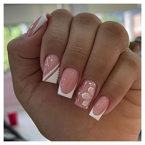 Künstliche Fingernägel French Weiß Square 3D Glitzer Blumen 1 St