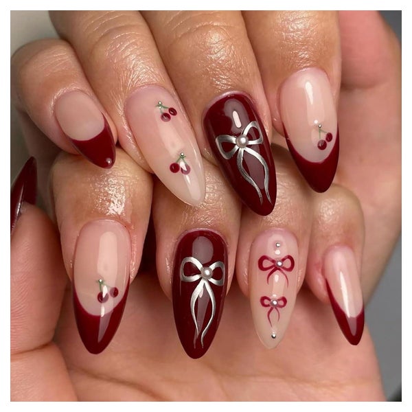24 Stück Press on Nails Mandel Glänzend Nude Rot French Tip 1 St