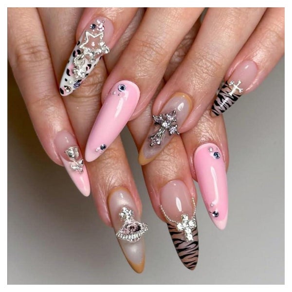 Press On Nails Almond Leopard Zebra French 3D Crystal AHE14 1 St