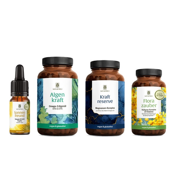 30 Tage Basis Routine Paket aus Sonnenvitamin D3 K2 Omega 3 Algenöl 4 Magnesium-Formen 23 Bakterienkulturen - SONNENFREUND, ALGENKRAFT, KRAFTRESERVE & FLORAZAUBER - vegan natürlich made in Germany - NATURTREU® 116.0 g