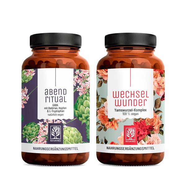 ABENDRITUAL WECHSELWUNDER Paket: GABA, Baldrian, Hopfen + L-Tryptophan & Yamswurzel + Baldrian in einem veganen Bundle - NATURTREU® 99 g