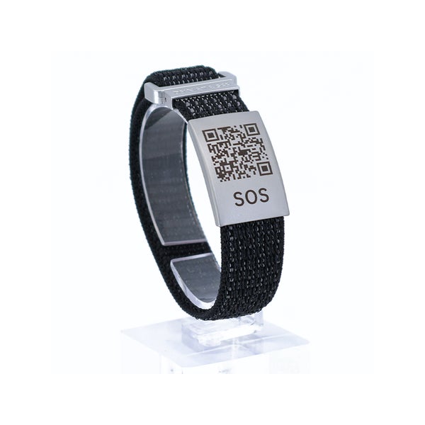 SOS Notfallarmband mit QR-Code mit Textilband Schwarz / Grau 1 St