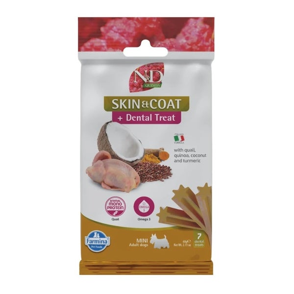 FARMINA N&D Quinoa Dental Treat Skin Coat Quail Mini (7 szt) dentale Leckerei für kleine Hunderassen 0,06 kg