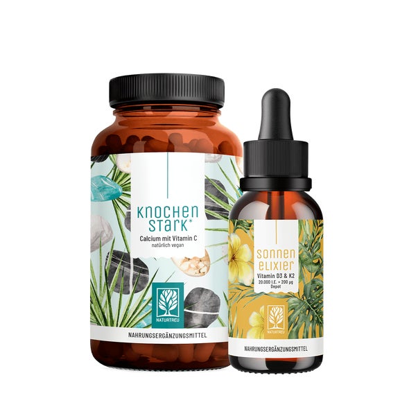 Starke Basis Paket: Vitamin D3 + K2 für Erwachsene als Langzeitvorrat (20.000 I.E.) und Calcium + Vitamin C in einem veganen Bundle - KNOCHENSTARK & SONNENELIXIER - NATURTREU® 134.1 g