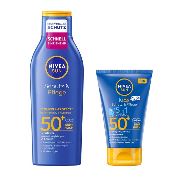NIVEA SUN Schutz & Pflege Family Set – Sonnenmilch LSF 50 200 ml + Kids 50 ml – AKTION 250 ml