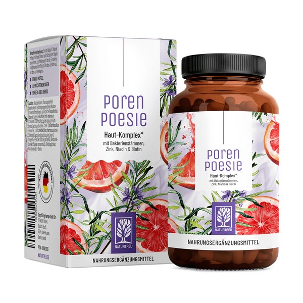 Haut Komplex aus Akazienfaser mit 6 Bakterienstämmen, Grapefruit, Rosmarin, Zink, Biotin & Niacin (Vitamin B3) - Lactobacillus & Bifidobakterien 200 Mrd. KbE/g - PORENPOESIE - 90 vegane Kapseln - NATURTREU® 90 St