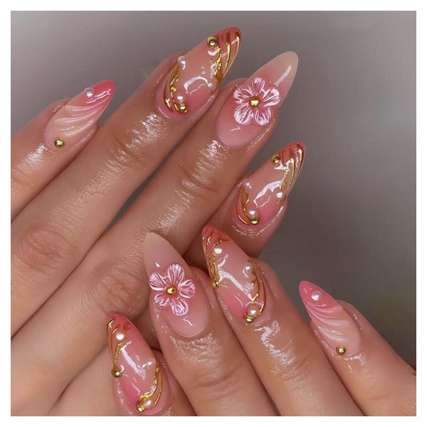 Künstliche Nägel Kurz Almond Nude 3D Blumen Gold Pearl FC-B1 1 St