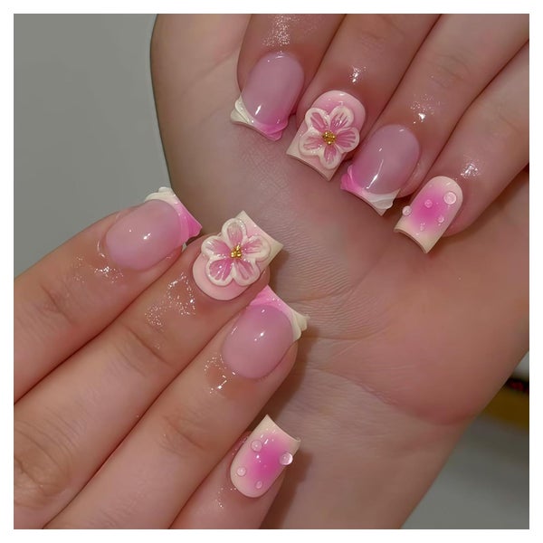 Künstliche Nägel 24 Stück 3D Blumen French Tip rosa Gradient 1 St