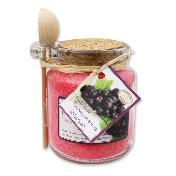 Badesalz schwarze Ribisel im Glas mit Holzlöffel 300 g