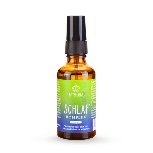 BitterLiebe - Schlaf Komplex Spray - 1mg Melatonin pro Tagesdosis, hochdosiert - mit Baldrian, Hopfen und Melisse - unterstützt Einschlafen und fördert tiefen Schlaf 1x 50 ml