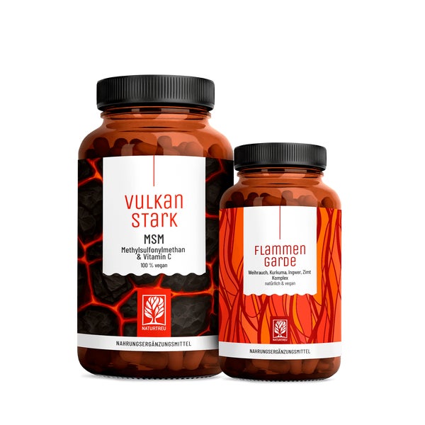 MSM, Kurkuma & Weihrauch Vorteilspaket: Methylsulfonylmethan trifft Ayurveda Kur in einem veganen Bundle - VULKANSTARK & FLAMMENGARDE - NATURTREU®  g