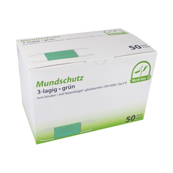 Medi-Inn Mundschutz Typ IIR 3-lagig 9 cm x 17,5 cm grün mit Nasenbügel zum Binden 10x50 St