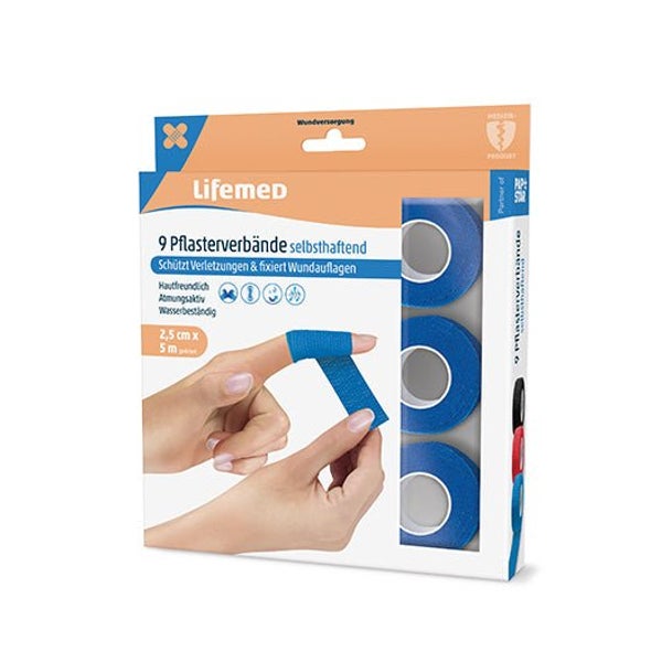 Lifemed Pflasterverbände selbsthaftend 5 m x 2,5 cm blau 9er Pack, 12 x 9 Stück 540 m