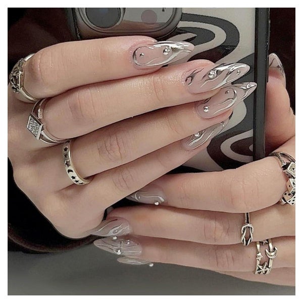 24 Stück Silber Swirl Mandel Nägel Aufkleben Kurz Design Glo 1 St